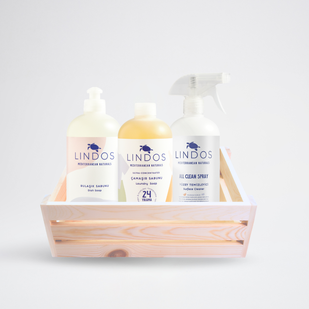 Lindos avantajlı doğal temizlik seti, bulaşık sabunu, çamaşır sabunu ve yüzey temizleyici ürünlerinden oluşan ekonomik ve çevre dostu temizlik paketi
