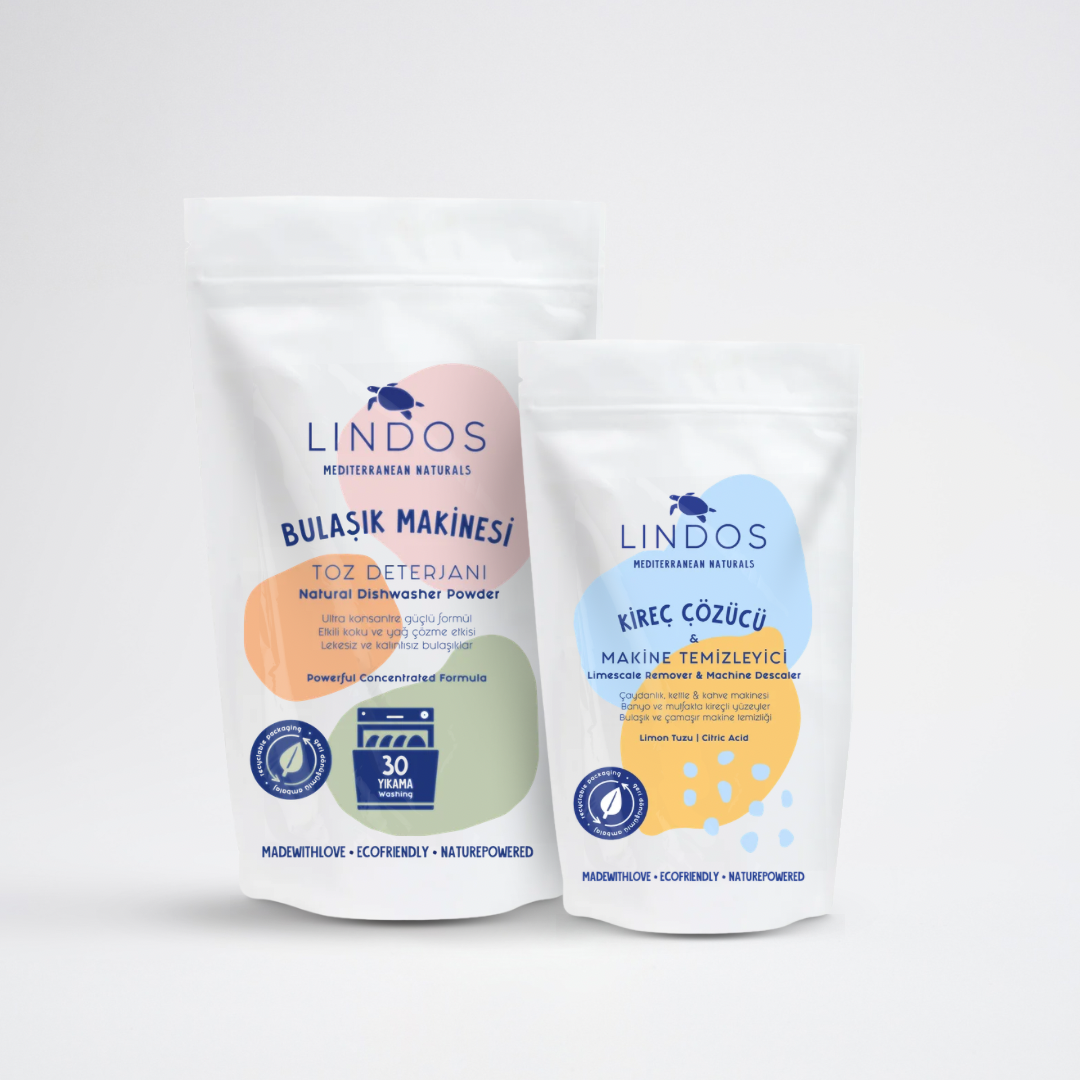 Lindos Naturals Bulaşık Makinesi Temizlik Seti – Bulaşık makinesi toz deterjanı ve kireç çözücüyü bir arada sunan bakım seti