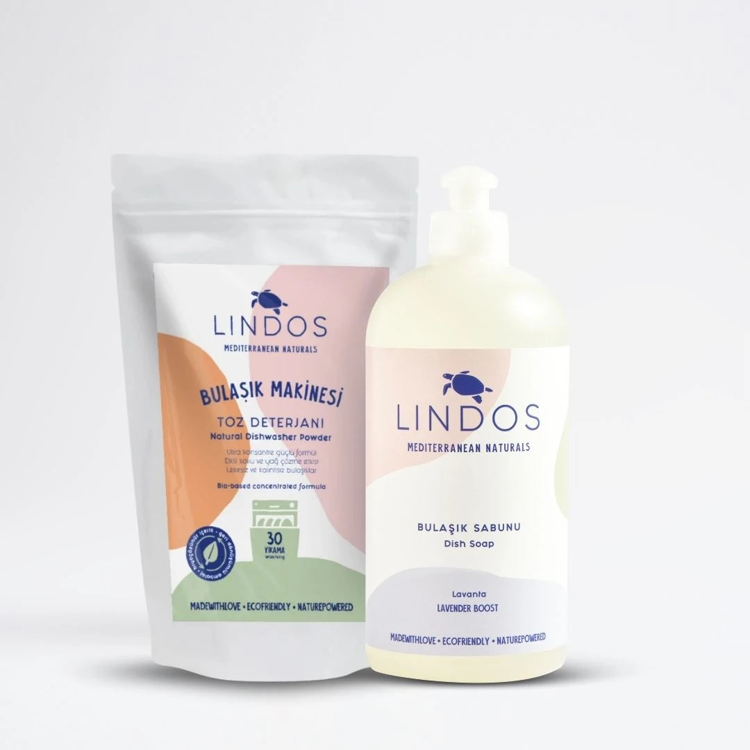 Lindos Naturals Bulaşık Tanışma Seti – Bulaşık makinesi toz deterjanı ve elde yıkama deterjanı içeren doğal bitkisel tanışma paketi