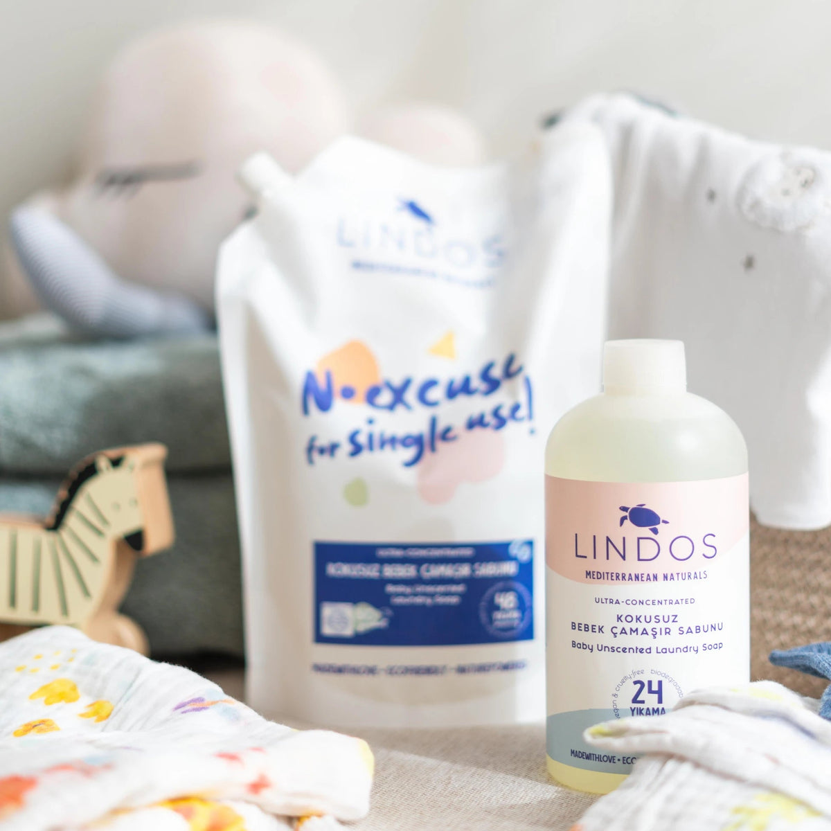 Lindos Naturals Doğal Bebek Çamaşır Deterjanı Bitkisel Sabun - Parfümsüz REFILL Set – Bitkisel bazlı, zararlı kimyasal içermeyen parfümsüz bebek çamaşır deterjanı REFILL seti