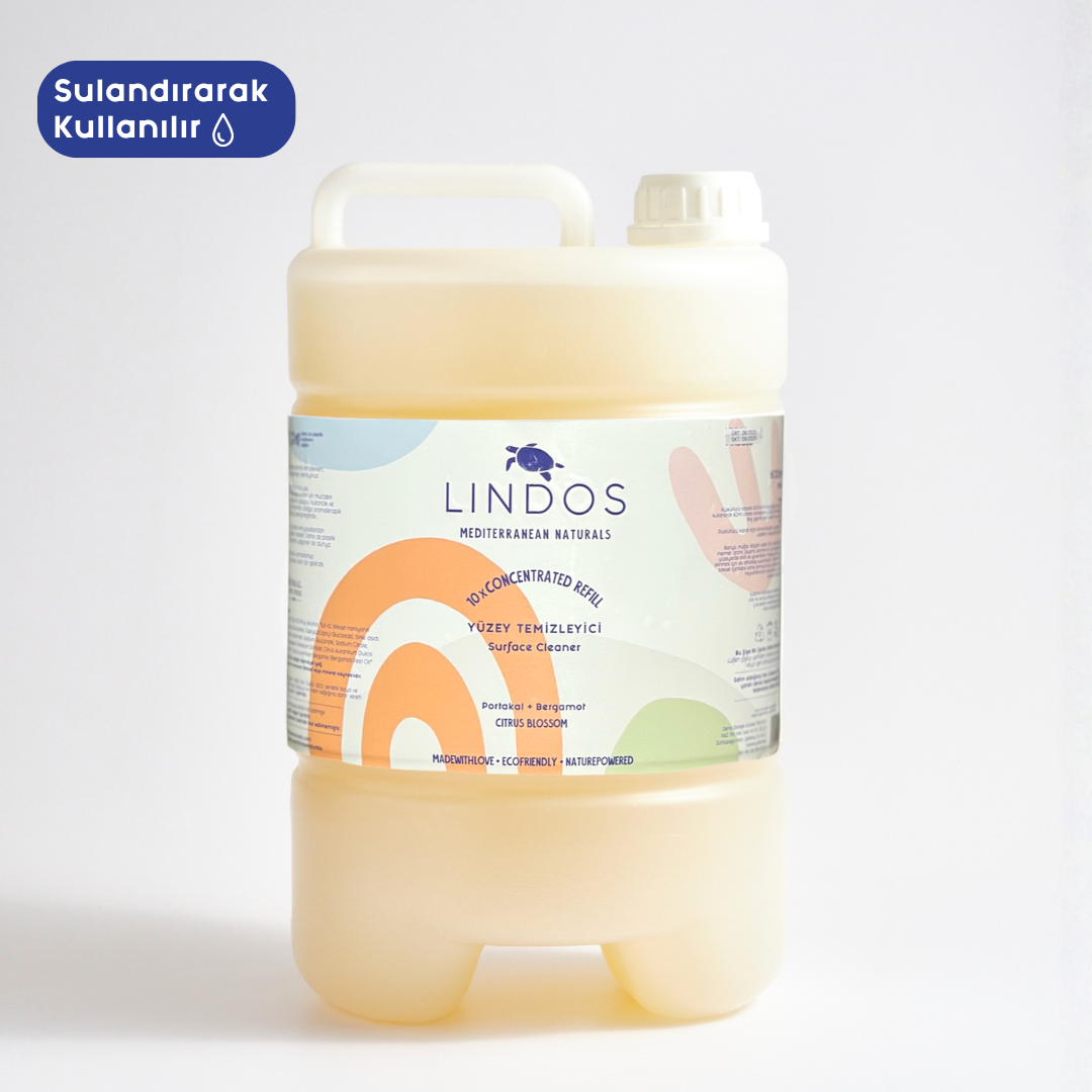 Lindos Naturals Doğal Süper Konsantre Yüzey Temizleyici - Portakal & Bergamot 5 lt – 10 kat konsantre formülüyle tüm silinebilir yüzeylerde etkili doğal temizleyici, büyük boy