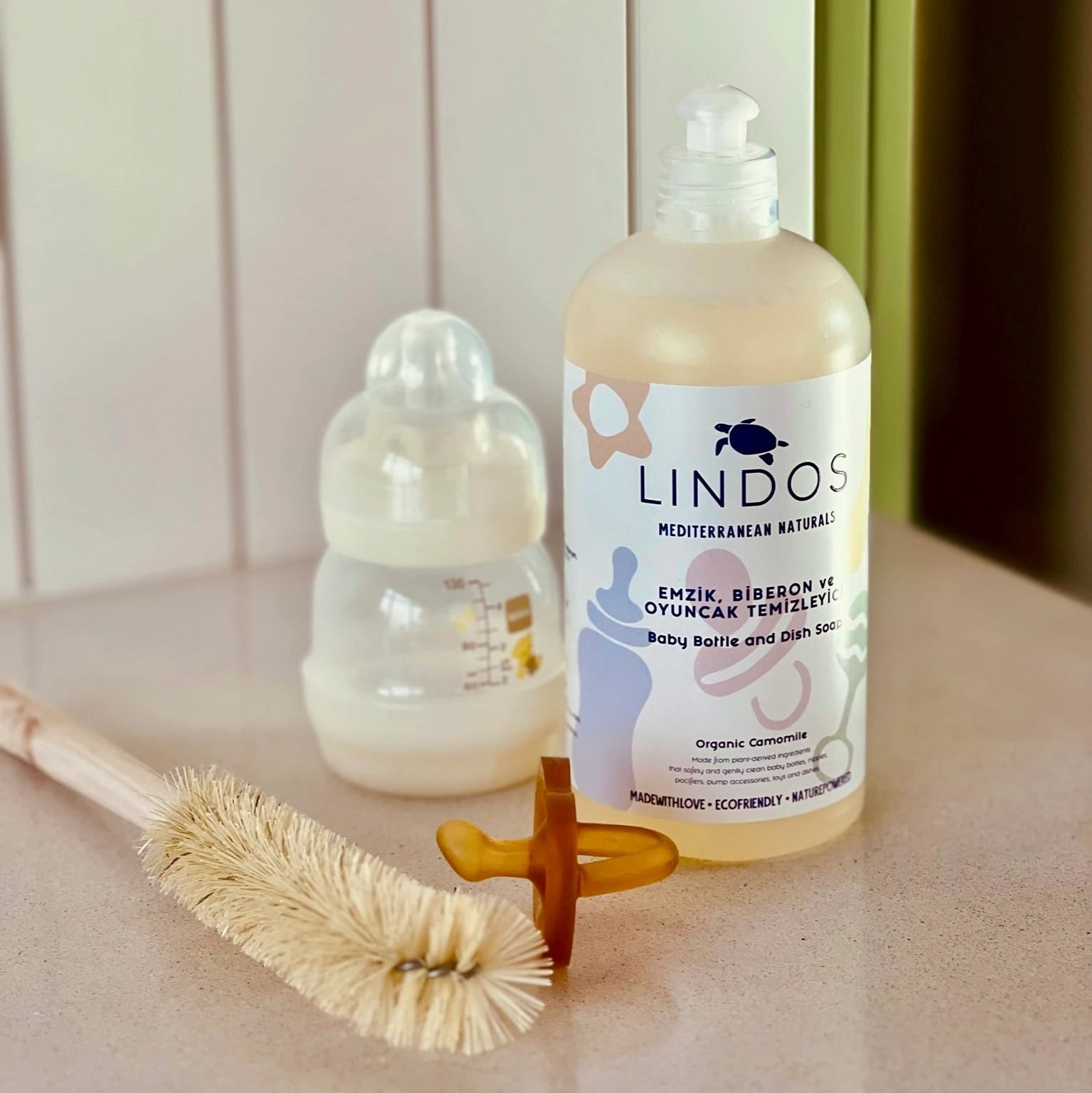 Ahşap saplı ve doğal tampiko kıllı Lindos biberon ve şişe fırçası, plastik içermeyen çevre dostu temizlik ürünü
