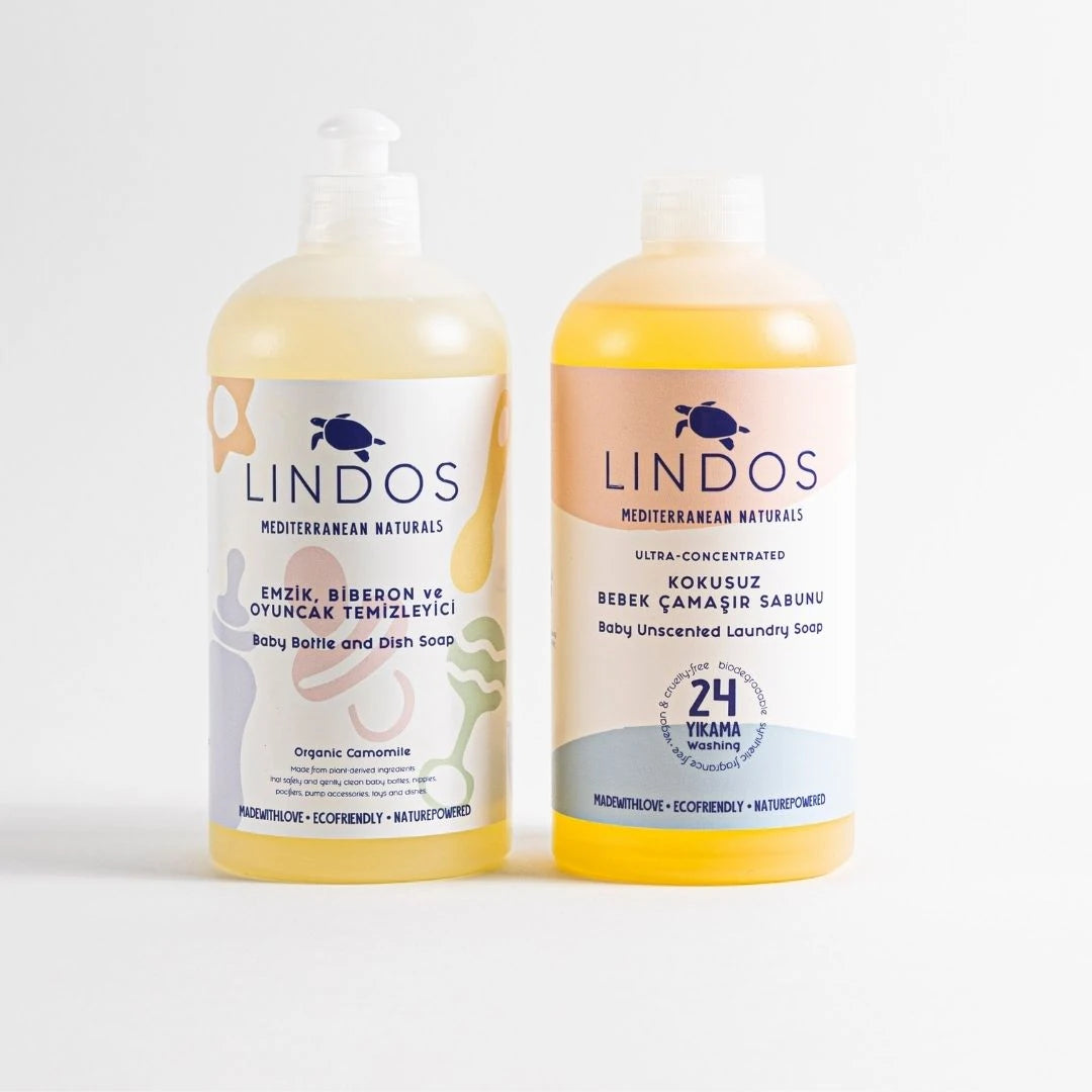 Lindos Bebek Hijyen Seti, doğal içerikli bebek çamaşır ve bulaşık temizliği için güvenli temizlik ürünleri
