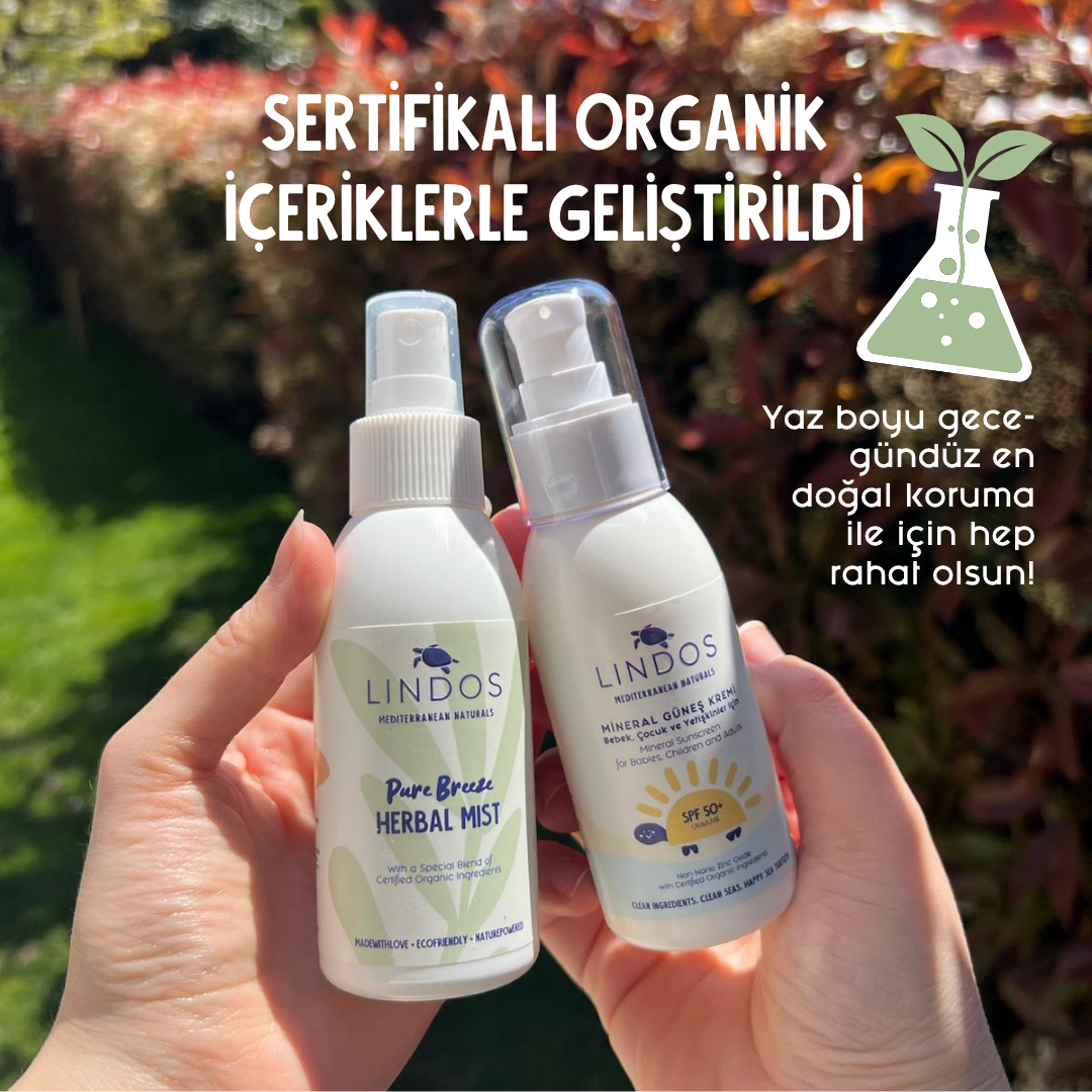 Elde tutulan Lindos Pure Breeze Herbal Mist ve mineral güneş kremi, sertifikalı organik içerikli gece gündüz koruma