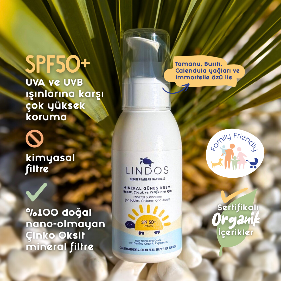 Lindos Mineral Güneş Kremi SPF 50+, kimyasal filtre içermeyen nano-olmayan çinko oksitli doğal güneş koruması