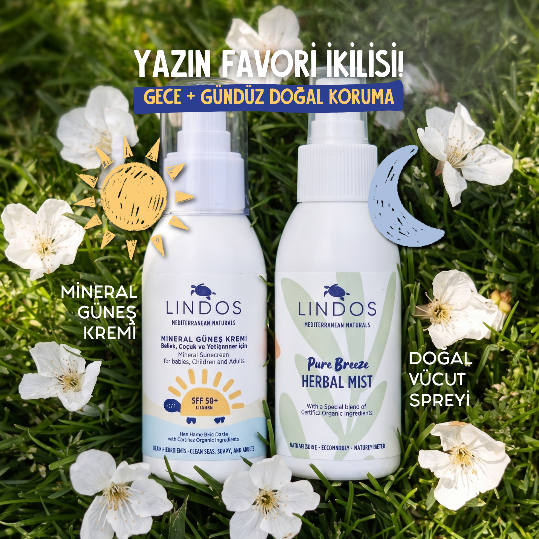 Çimen üzerinde Lindos mineral güneş kremi ve doğal vücut spreyi, güneş ve ay simgeleriyle gece gündüz koruma