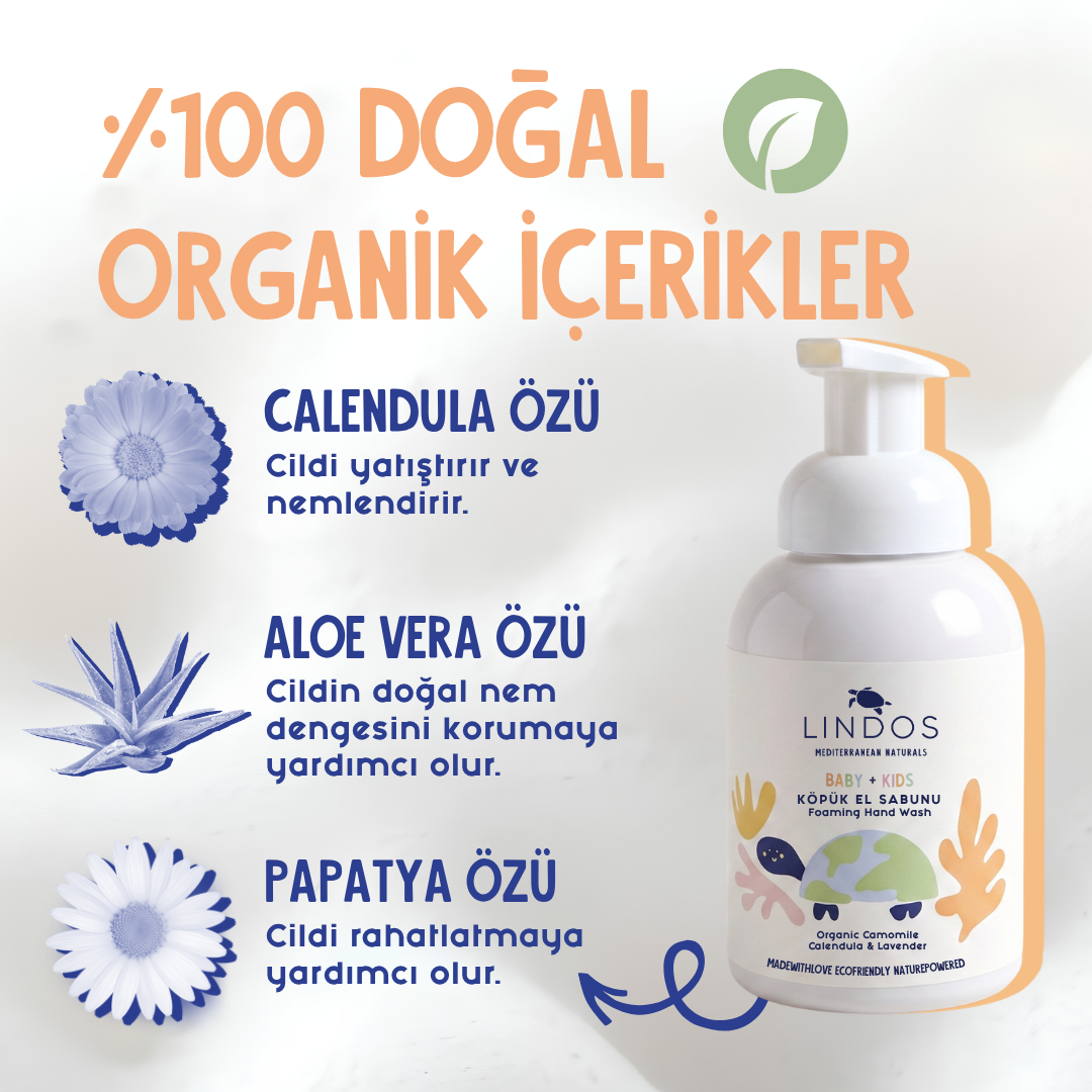 Lindos Naturals Organik Çocuk Köpük El Sabunu - Calendula & Papatya 300 ml – Organik aloe vera, papatya ve aynısefa özleriyle hassas ciltler için nazik köpük el sabunu