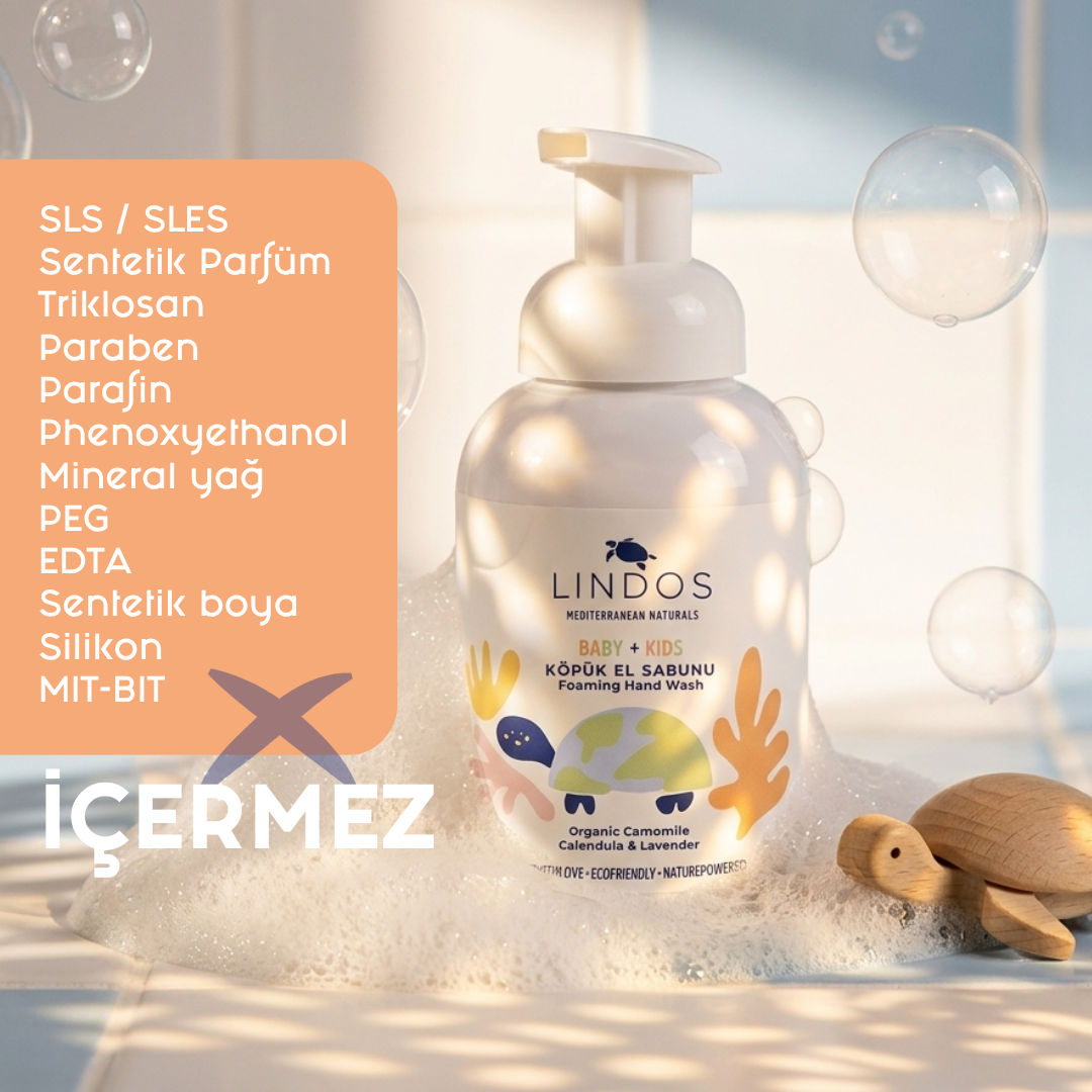 Lindos Naturals Organik Çocuk Köpük El Sabunu - Calendula & Papatya 300 ml – Organik aloe vera, papatya ve aynısefa özleriyle hassas ciltler için nazik köpük el sabunu