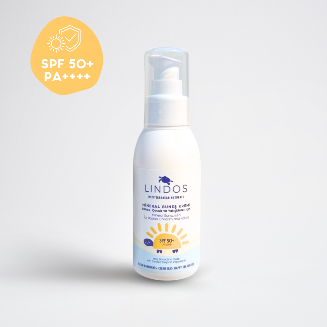 Lindos Naturals Organik Mineral Güneş Kremi Non Nano Çinko Oksit SPF50+ 100 ml – Bebek, çocuk ve yetişkinler için nano olmayan çinko oksit mineral filtreli organik güneş kremi