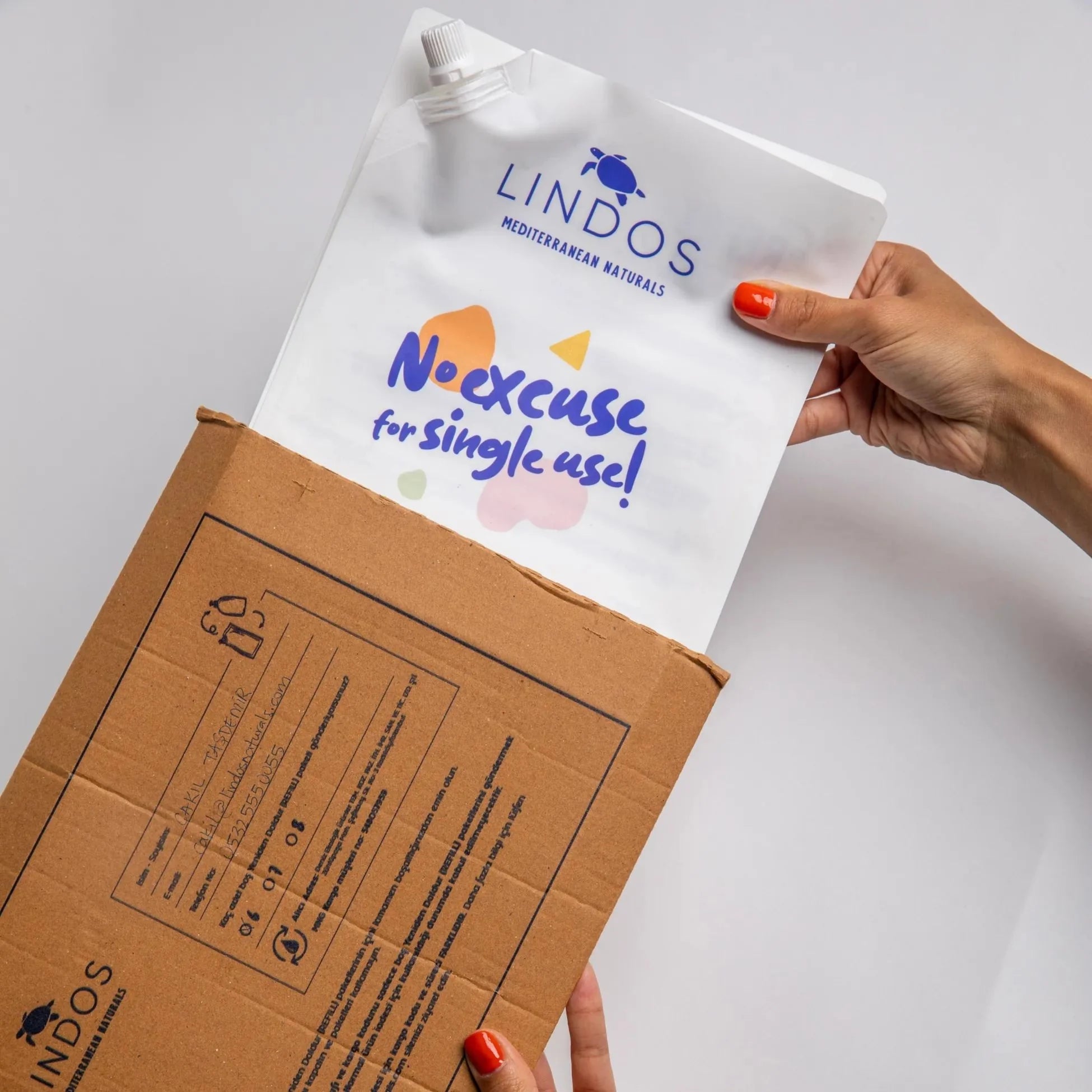 Lindos Naturals Refill Depozito Zarfı – Kullanılmış Refill paketleri iade için özel zarf, sıfır atık döngüsel geri dönüşüm sistemi