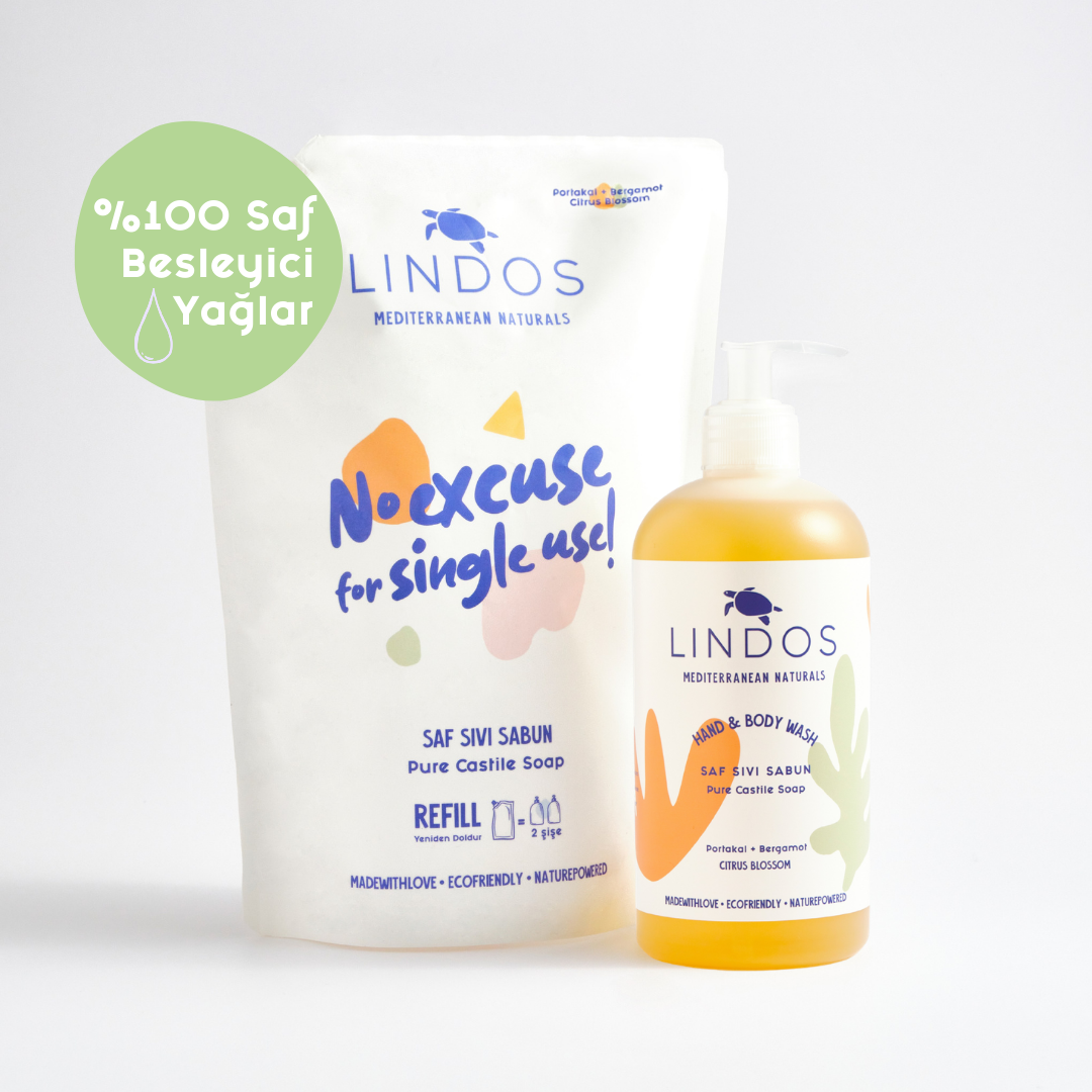 Lindos Naturals Saf Sıvı Kastil Sabunu - Portakal & Bergamot REFILL Set – Zeytinyağı ve hindistan cevizi yağı bazlı, uçucu yağlarla zenginleştirilmiş çok amaçlı doğal sabun REFILL seti