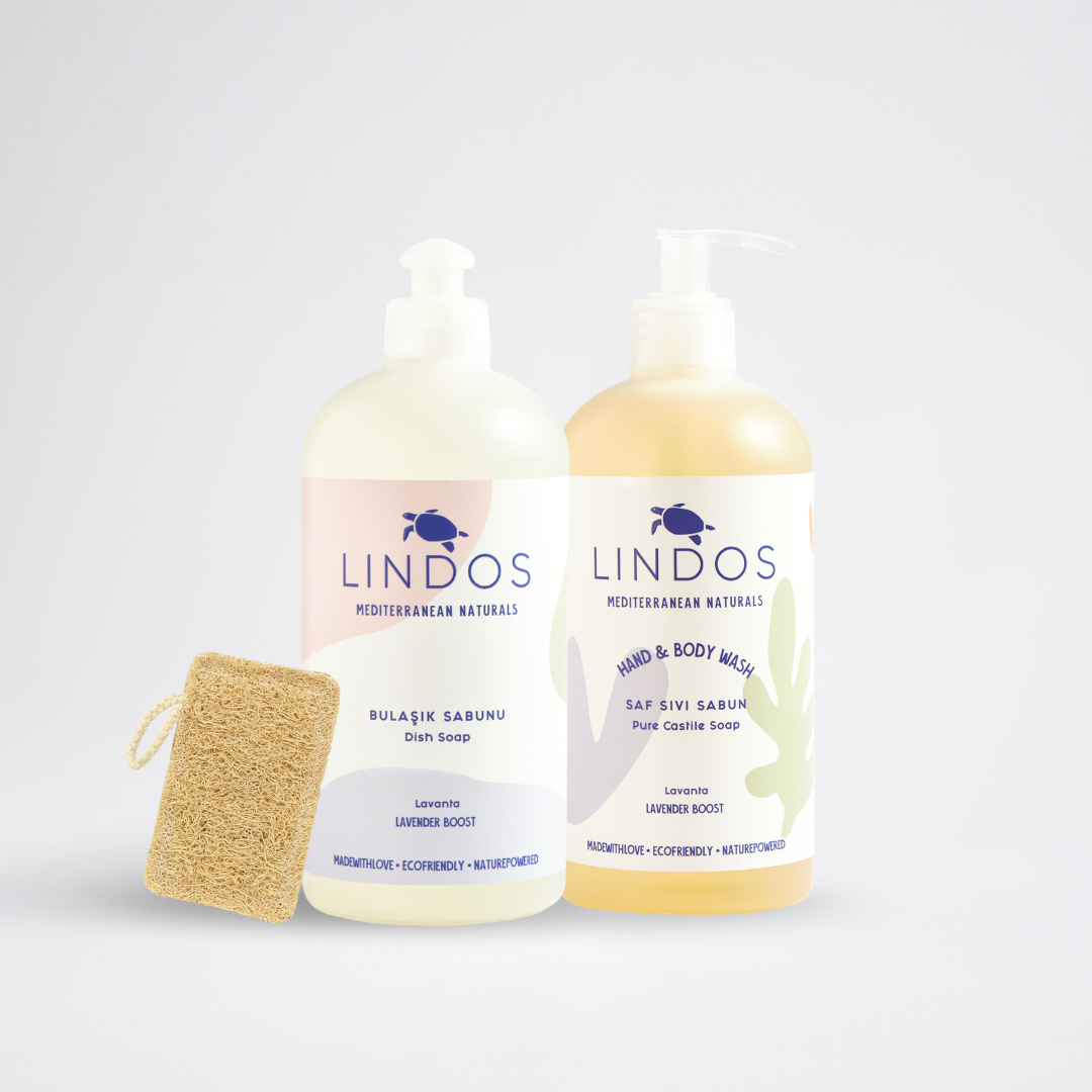 Lindos Naturals The Clean Touch Set – Elde bulaşık deterjanı, sıvı kastil sabunu ve kabak lifi süngerini bir arada sunan sıfır atık mutfak seti